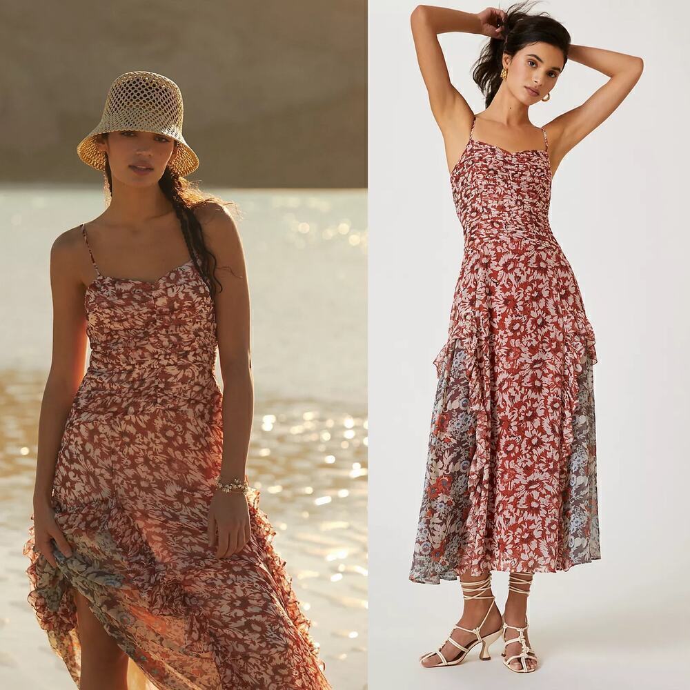 NEW ANTHROPOLOGIE LET ME BE TERRACOTTA FLORAL SLEEVELESS RUFFLED MIDI DRESS XS